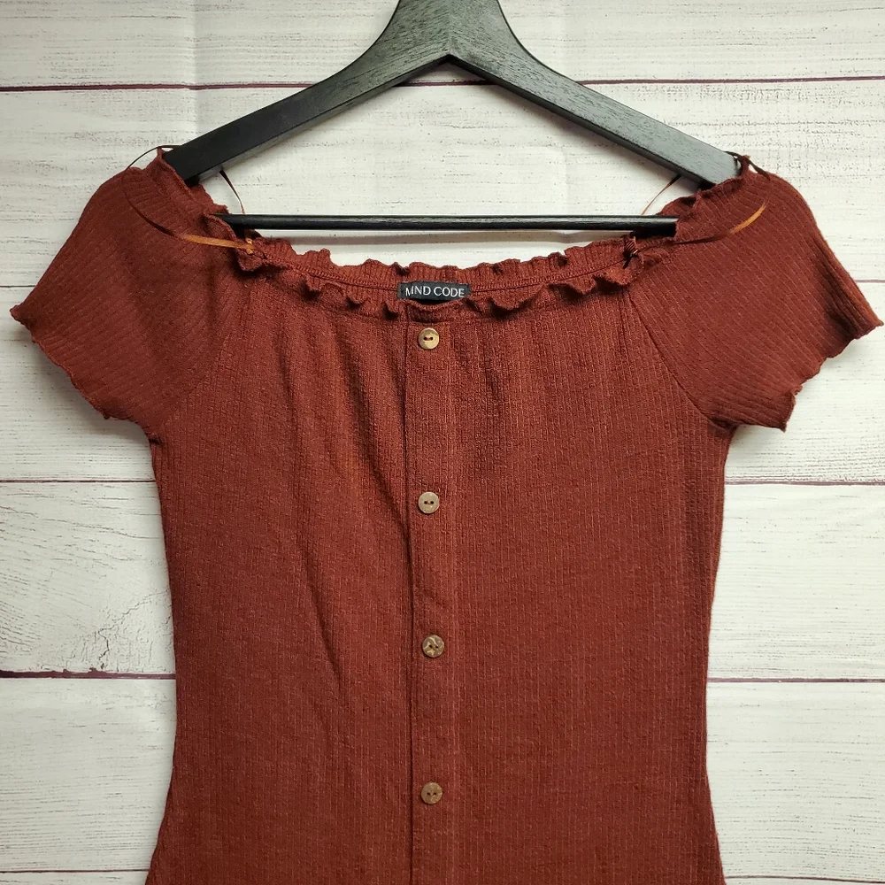 Mind Code Women's Bodycon Off-the-Shoulder Lettuce Edge Ribbed Dress - Picture 2 of 12